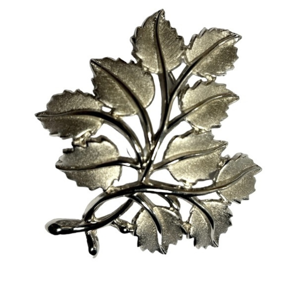Vintage Silver Crown Trifari Silver Leaf Brooch Signed / Leaves on Branch Pin